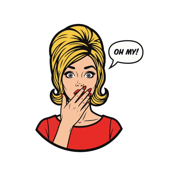 Retro pop sanatının yarı vücut çizimi. Eli ağzı kapalı, şaşırmış genç bir kadının.