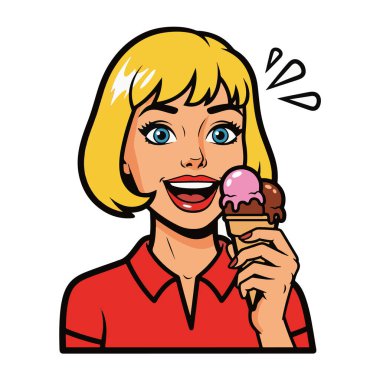 Dondurma külahı tutan neşeli genç bir kadının Retro Pop sanat tarzı yarı vücut çizimi