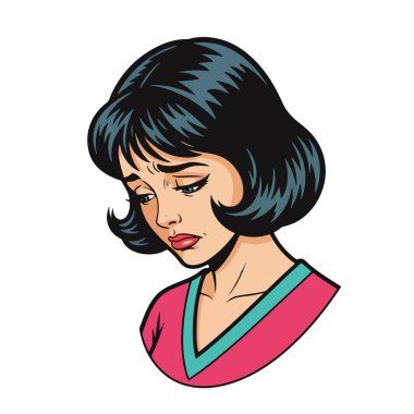 Hüzünlü bir yüzle aşağıya bakan üzgün genç bir kadının Retro Pop sanat tarzı yarım vücut çizimi