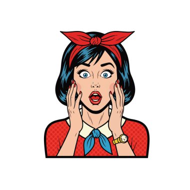 Şok olmuş, ağzı ve gözleri açık genç bir kadının Retro Pop tarzı yarı vücut çizimi.