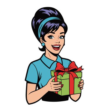 Elinde hediye kutusu olan mutlu genç bir kadının Retro Pop tarzı, yarım vücut çizimi.