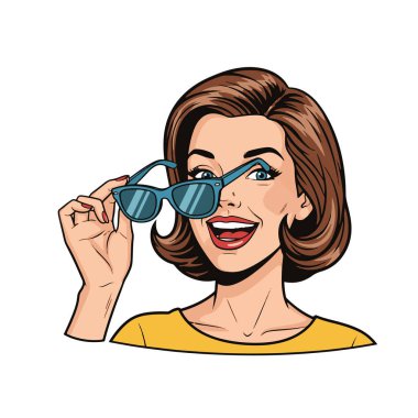 Güneş gözlüğü tutan gülümseyen genç bir kadının retropop tarzı yarı vücut çizimi.