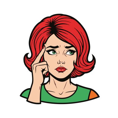 Retro pop sanatının yarı vücut çizimi. Eli şakakta olan düşünceli bir genç kadın.