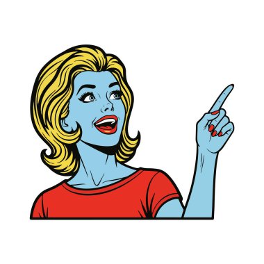 Heyecanlı genç bir kadının tek parmağıyla yukarı işaret ettiği Retro Pop tarzı yarım vücut çizimi