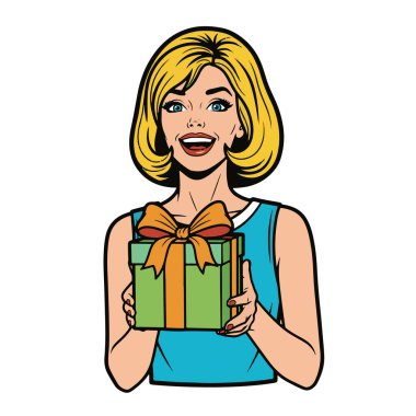 Elinde hediye kutusu olan mutlu genç bir kadının Retro Pop tarzı yarı vücut çizimi.