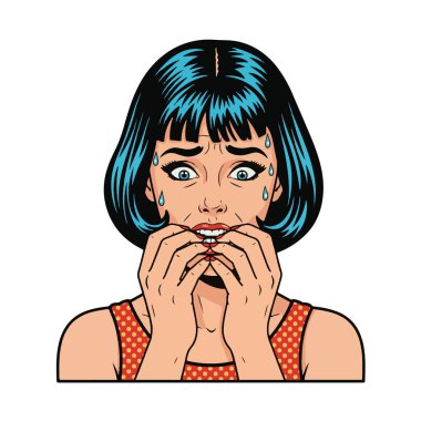Gergin ve tırnaklarını yiyen genç bir kadının Retro Pop tarzı yarı vücut çizimi.