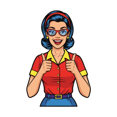 Popüler sanat tarzı, neşeli genç bir bayanın baş parmağını gösteren vücut çizimi.