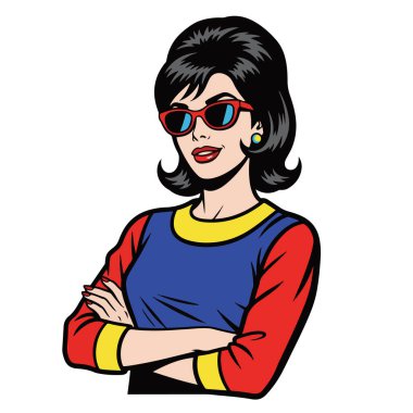 Kendine güvenen, kollarını kavuşturmuş genç bir kadının Retro Pop tarzı yarı vücut çizimi.