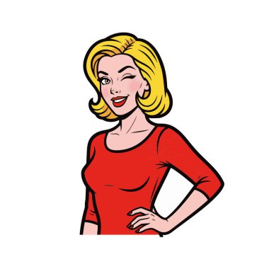 Retro pop sanat tarzı. Bir eli kalçasında, flört eden genç bir kadının vücut çizimi.