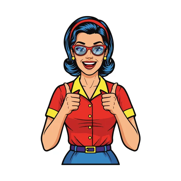 Popüler sanat tarzı, neşeli genç bir bayanın baş parmağını gösteren vücut çizimi.