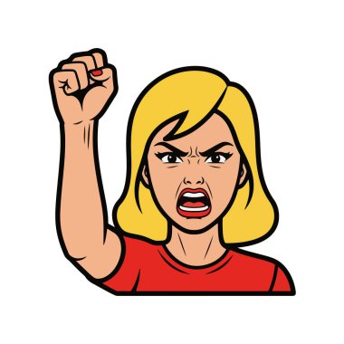 Yumruğunu sıkmış kızgın bir genç kadının Retro Pop tarzı, yarı vücut çizimi