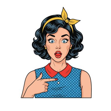 Şaşırmış genç bir kadının geniş gözleriyle kendini gösteren Retro Pop tarzı yarı vücut çizimi.