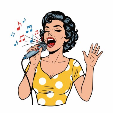 Retro pop sanatının yarı vücut çizimi elinde mikrofonla şarkı söyleyen bir kadının