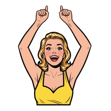 Kutlama için iki elini de kaldıran mutlu bir kadının Retro Pop tarzı yarım vücut çizimi.
