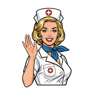 Geçmişe dönük pop sanatı. Kadın hemşirenin gülümsemesi ve el sallaması.