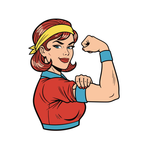 Retro pop art style half-body illustration of a sporty female showing her arm muscle