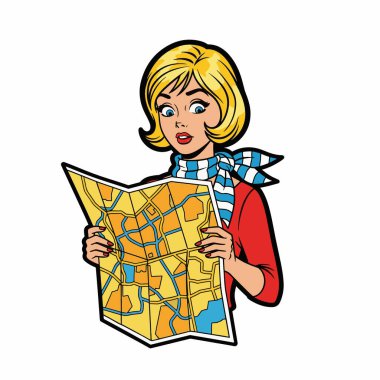 Elinde harita tutan bir kadın turistin Retro Pop tarzı yarı vücut çizimi