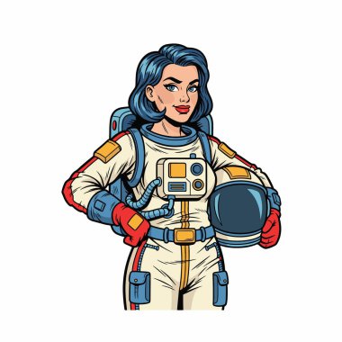 Miğfer tutan kadın astronotun Retro Pop tarzı yarı vücut çizimi