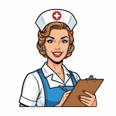 Retro pop sanat tarzı yarım vücut çizimi. Elinde pano tutan kadın hemşire resmi.