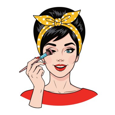 Retro pop sanatı. Makyaj yapan, elinde makyaj fırçası tutan genç bir kadının vücut çizimi.