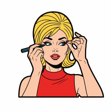 Göz kalemi süren genç bir kadının Retro Pop tarzı yarı vücut çizimi