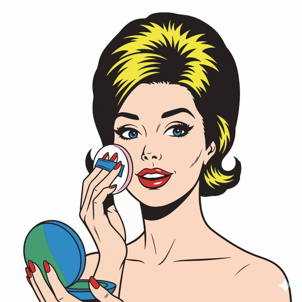 Ретро-поп-арт с изображением молодой женщины, наносящей пудру на лицо.