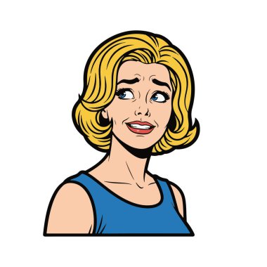 Retro pop sanatının yarı vücut çizimi, kafası hafifçe yana eğilmiş, belden yukarı çizgi film tarzı, kalın hatlar, düz renk, gradyan yok, beyaz arka planda izole edilmiş genç bir kadın..