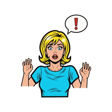 Retro pop sanatının yarı vücut çizimi, kaskatı omuzları ve tedirgin gözleri olan beyaz arka planda izole edilmiş, belden kafaya kadar uzanan çizgi film tarzında genç bir kadının ürkmüş hali..