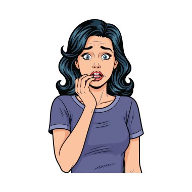 Retro pop sanatının yarı vücut çizimi endişeli ve şaşırmış bir ifadeyle dudaklarını ısıran genç bir kadının çizimi, belden kafaya kadar, çizgi film tarzı, beyaz arka planda izole edilmiş..