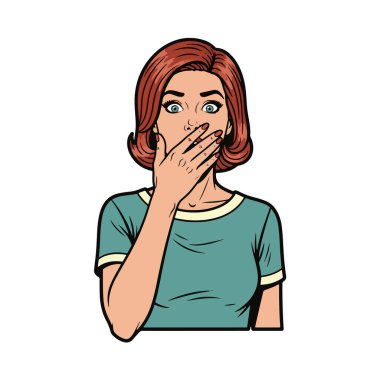 Retro pop sanat tarzı, tek eliyle ağzını kapatan genç bir kadının, belden yukarısına, çizgi film tarzı, kalın çizgiler, düz düz renkler, gradyan yok, beyaz arka planda izole edilmiş bir şekilde, şok içinde resmedilmiş hali..