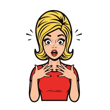 Retro pop sanat tarzı, kaşlarını kaldırmış, büyük gözlü, belden yukarısına kadar çizilmiş, karikatür tarzı, kalın çizgiler, katı düz renkler, gradyan yok, beyaz arka planda izole edilmiş, şaşırmış genç bir kadının vücut çizimi..