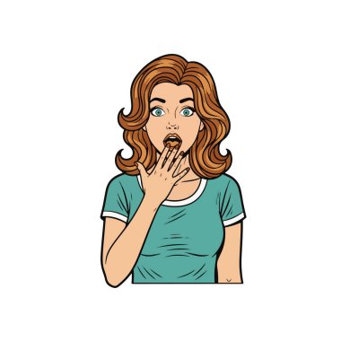 Retro pop sanat tarzında, ağzı açık, ağzı açık, bir eli dudaklarının yakınında, belden başa kadar uzanan, karikatür tarzı, beyaz arka planda izole edilmiş, çizgi roman tarzı bir kadın tasviri..