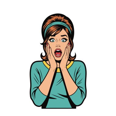 Retro pop sanatının yarı vücut çizimi geniş gözlü ve ağzı açık, elleri yanaklarında, belden kafaya kadar, çizgi film tarzı, beyaz arka planda izole edilmiş genç bir kadının resmi..