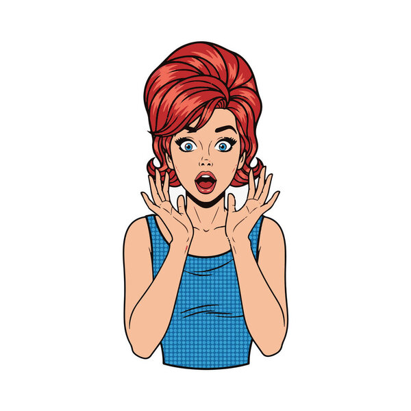 Retro pop art style half-body illustration of a young woman with jaw dropped in astonishment, hands slightly lifted, shown from the waist up to the head, cartoon comic style, isolated on white background.