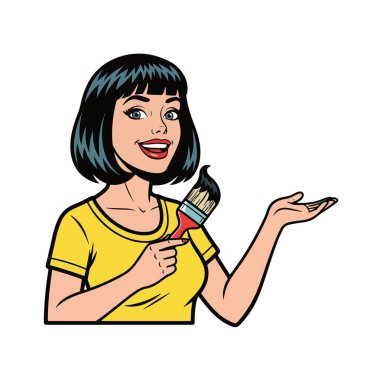 Bir elinde fırça tutan gülümseyen bir kadın sanatçının diğer eliyle diğer eliyle sunumunu yaptığı Retro Pop tarzı yarı vücut çizimi.