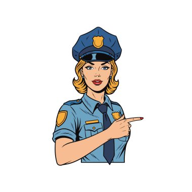 Üniformalı ve şapkalı bir kadın polis memurunun, bir eliyle yüzünü gösteren, Retro Pop tarzı, yarım vücut çizimi.