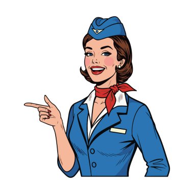 Hostes üniformalı, gülümseyen bir kadın uçuş görevlisinin, bir eliyle yüzünü gösteren, Retro Pop tarzı, yarım vücut çizimi.