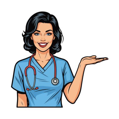 Boynuna steteskop takmış, gülümseyen ve eli açık bir şekilde sunan genç bir kadın doktorun retroskop çizimi.