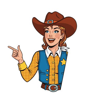 Bir kovboy şapkası takmış, gülümseyen ve bir eliyle yüzünü gösteren neşeli bir kovboy kız figürü.
