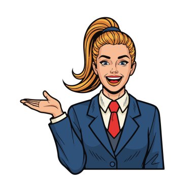 Atkuyruklu, okul üniforması giyen, gülümseyen ve elini açık bir şekilde sunan neşeli bir kız öğrencinin Retro Pop sanat stili yarı vücut çizimi.