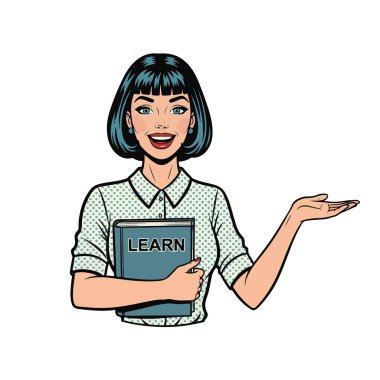 Bir kolunda gülümseyen ve diğer eliyle sunum yapan genç bir bayan öğretmenin Retro Pop sanatının yarı vücut çizimi.