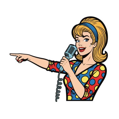 Bir elinde mikrofon, diğer elinde de yan tarafını gösteren bir kadın şarkıcının Retro Pop tarzı yarı vücut çizimi.