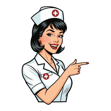Beyaz tıbbi kostümlü, gülümseyen ve elini diğer tarafa doğru gösteren genç bir hemşire resmedilmiş.