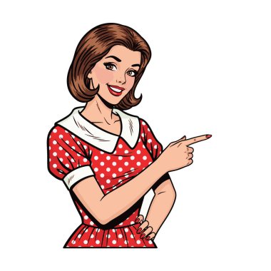 Klasik puantiyeli elbise giymiş, gülümseyen ve bir eliyle yüzünü gösteren genç bir kadının Retro Pop sanat tarzı yarı vücut çizimi.