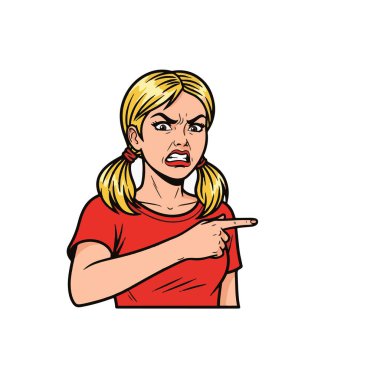 Retro stil yarım vücut çizimi, saçı örgülü genç bir kadın, belden kafaya kadar gösterilmiş, çılgın yüz ifadesi, tek elle yanlamasına işaret ederken