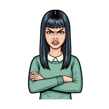 Geçmişe dönük yarım vücut çizimi. Uzun düz saçlı, belden kafaya kadar uzanan, kollarını kavuşturmuş çılgın bir yüz ifadesi.