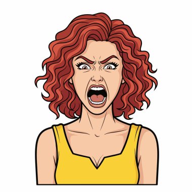 Kıvırcık saçlı, belden kafaya kadar uzanan, ağzı açık bağıran, deli suratlı genç bir kadının Retro stili yarı vücut çizimi.