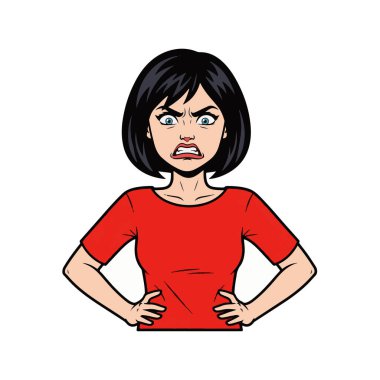 Kısa saçlı, belden kafaya kadar uzanan, elleri kalçasında çılgın bir yüz ifadesi olan genç bir kadının Retro stili yarı vücut çizimi.