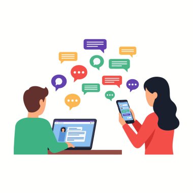 Düz vektör çizimi, aygıtlar arasında iletişim kuran iki karakter, biri dizüstü bilgisayar ve diğeri akıllı telefon, ekranları arasında yüzen renkli sohbet baloncukları, çevrimiçi mesajlaşma konsepti