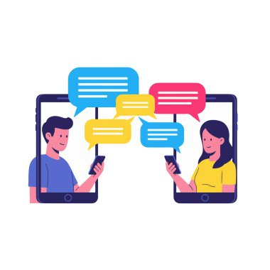 Düz vektör illüstrasyonu, minimal tarz, akıllı telefonlar aracılığıyla sohbet eden erkek ve kadın karakterler, ekranlarına bağlanan büyük renkli sohbet baloncukları, sosyal medya sohbeti